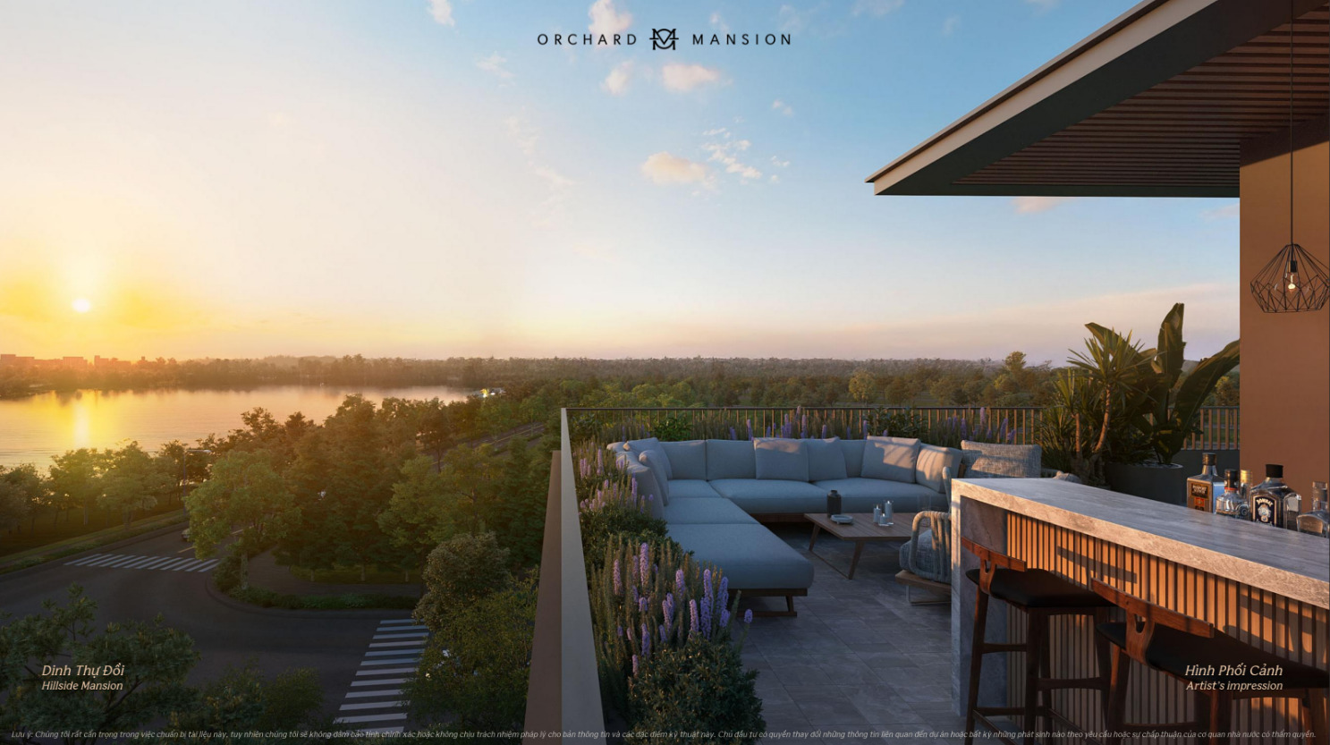 Không gian sân thượng Hillside Mansion Orchard Mansion với tầm nhìn hồ và thiên nhiên xanh
